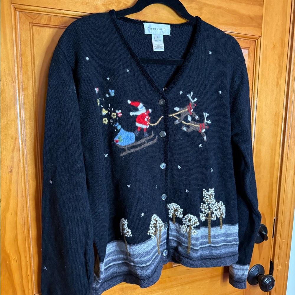 Susan Bristol Y2K Vintage Embroidered Christmas Holiday Cardigan Sweater Large - Picture 2 of 8